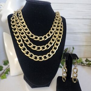 Antique Gold Multi Strand Chain Necklace and Earrings Set